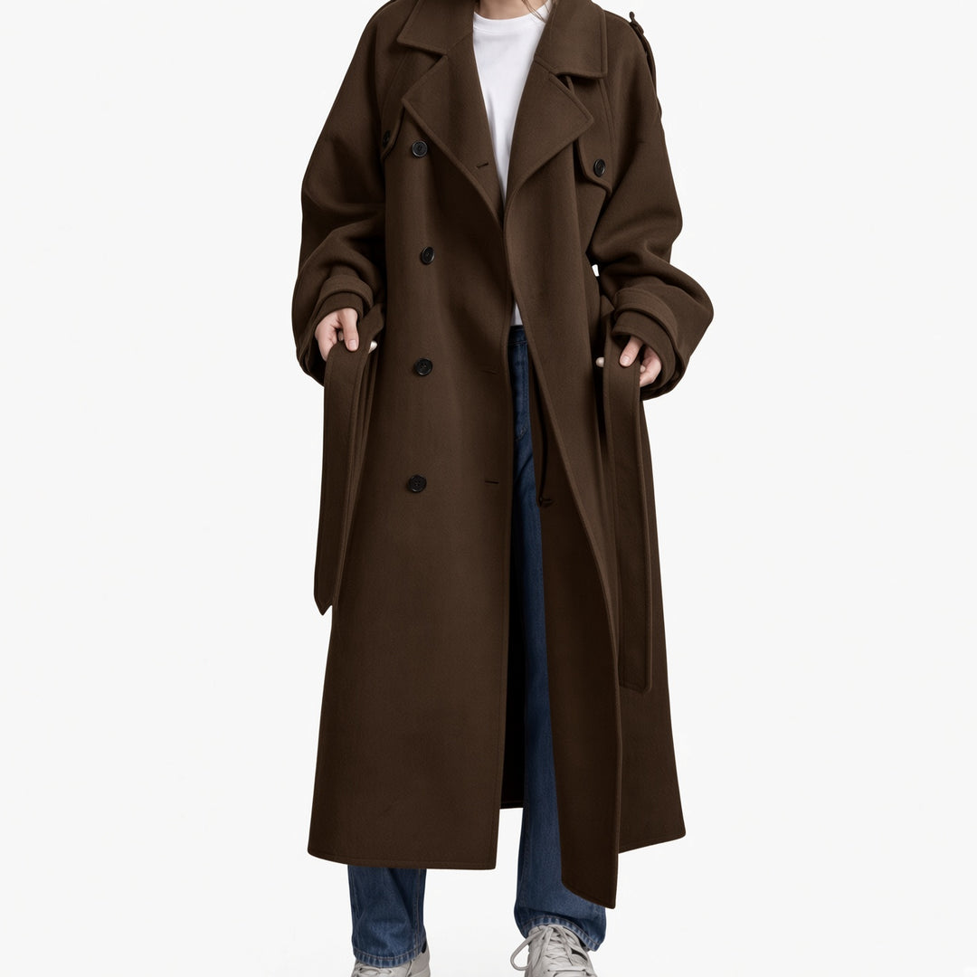 The Elara double-layer belted maxi coat in Dark Brown, front view