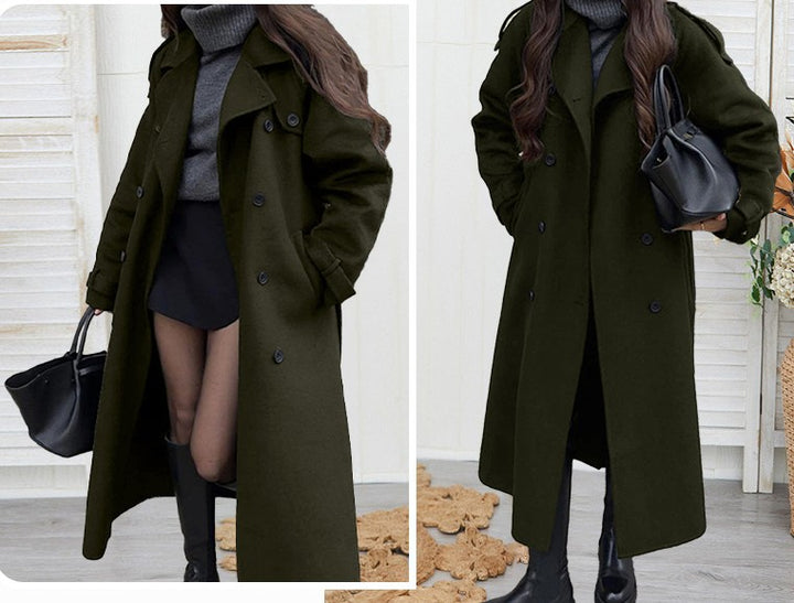 The Elara maxi coat styled in Green