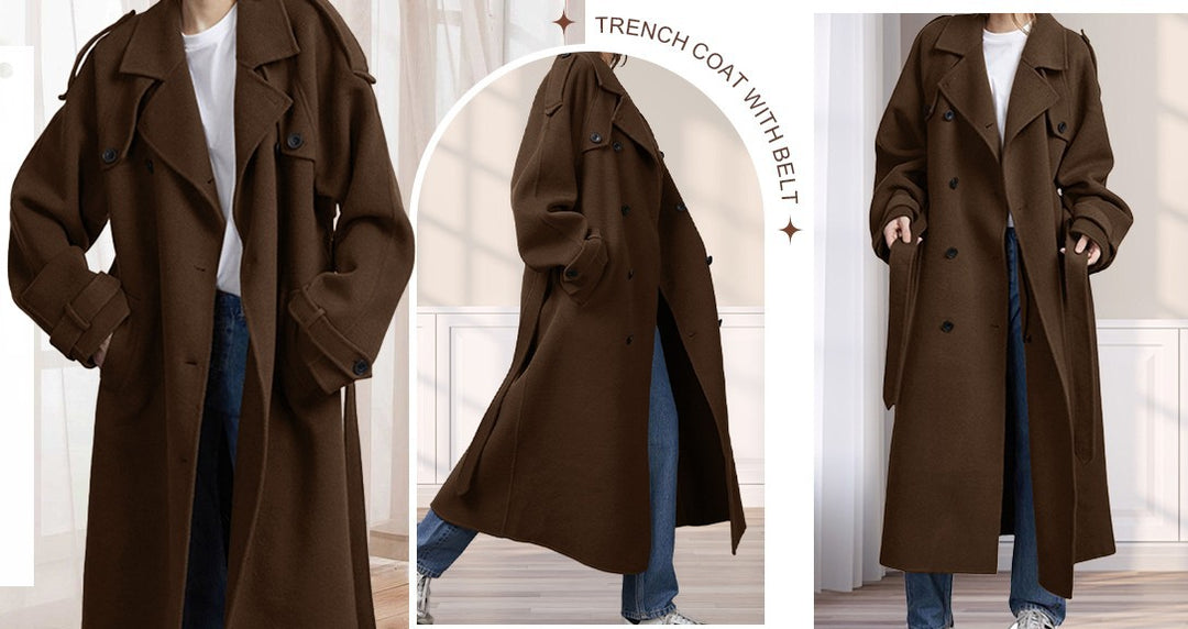 Belted construction and movement of The Elara Dark Brown maxi coat