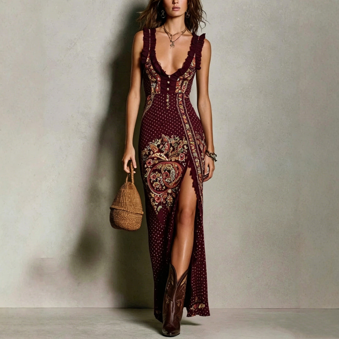 The Elara ruffle-trim slit maxi dress in Burgundy, front view