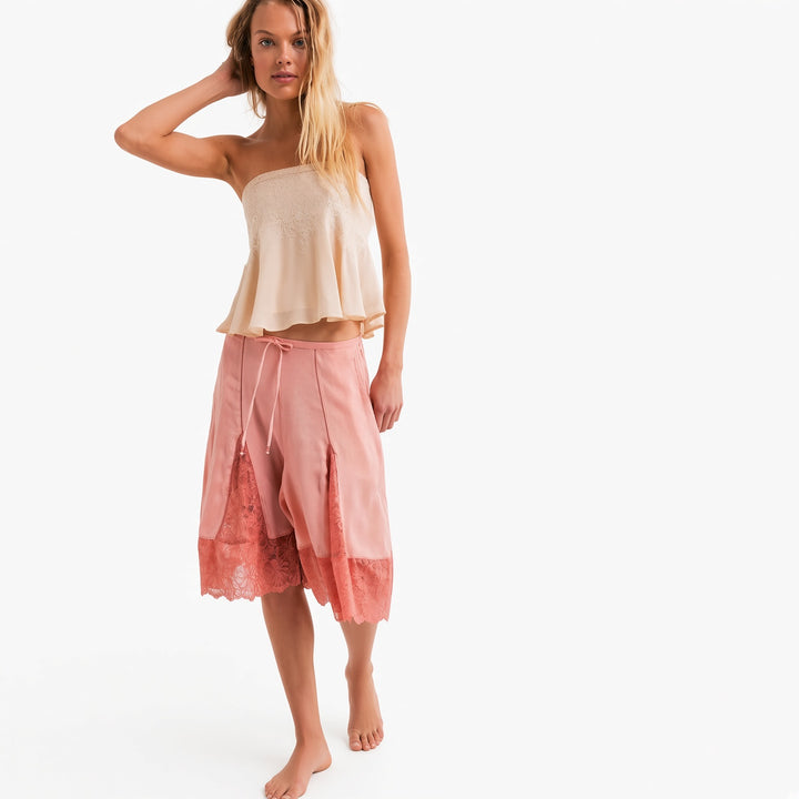 The Elara Pink lace-panel satin culottes, Short length front view
