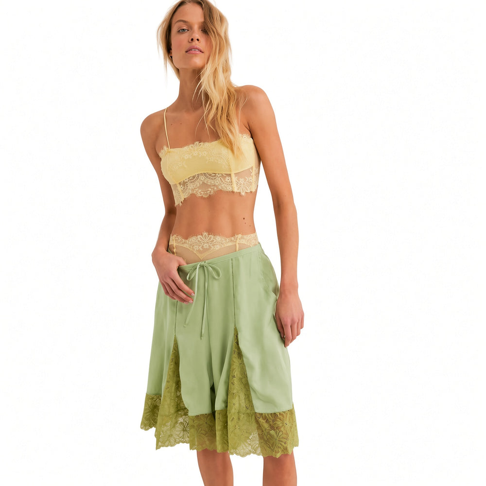 The Elara Green lace-panel satin culottes, Short length front view