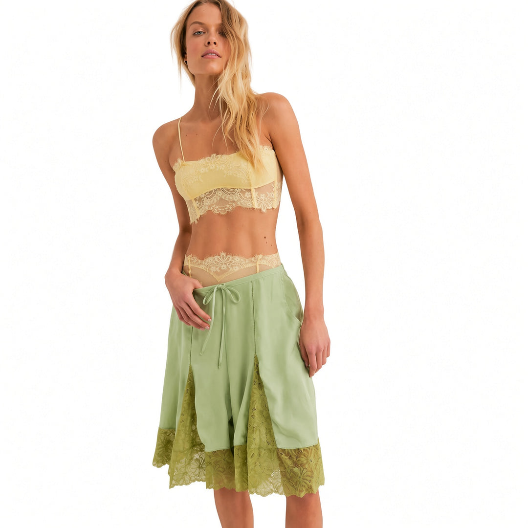 The Elara Green lace-panel satin culottes, Short length front view