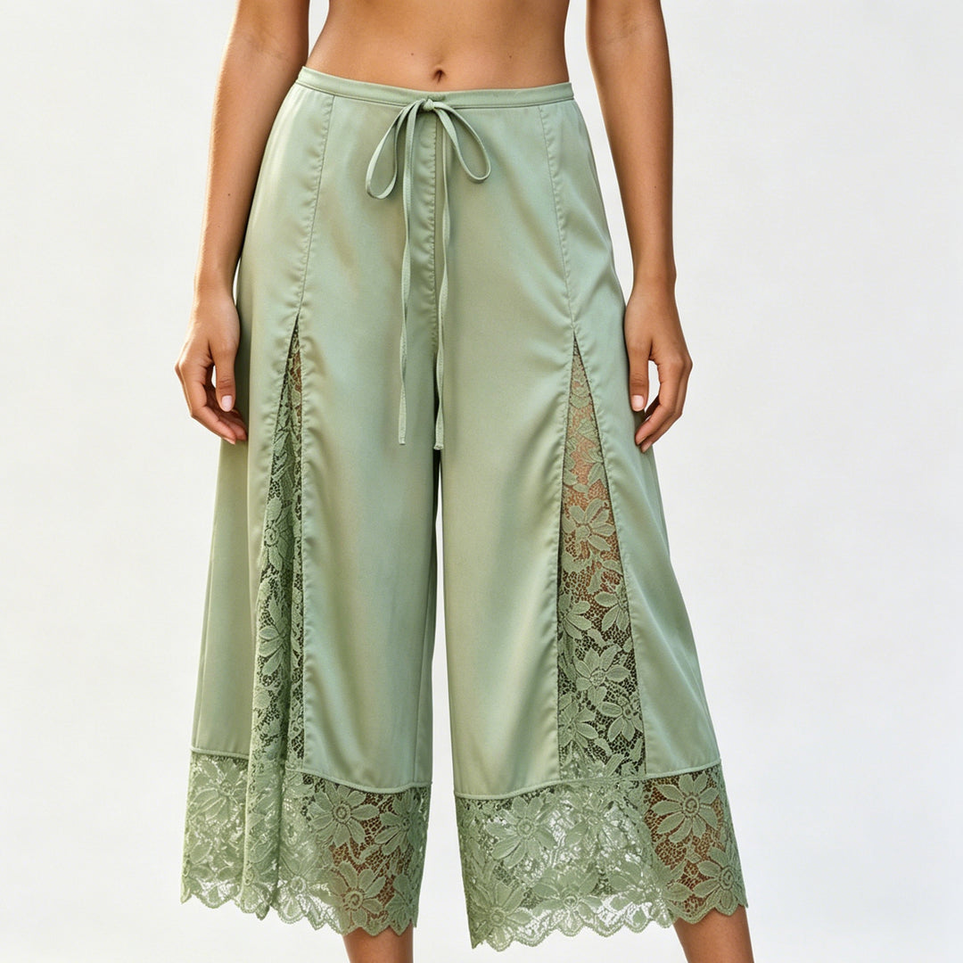 The Elara Green lace-panel satin culottes, Long length front view