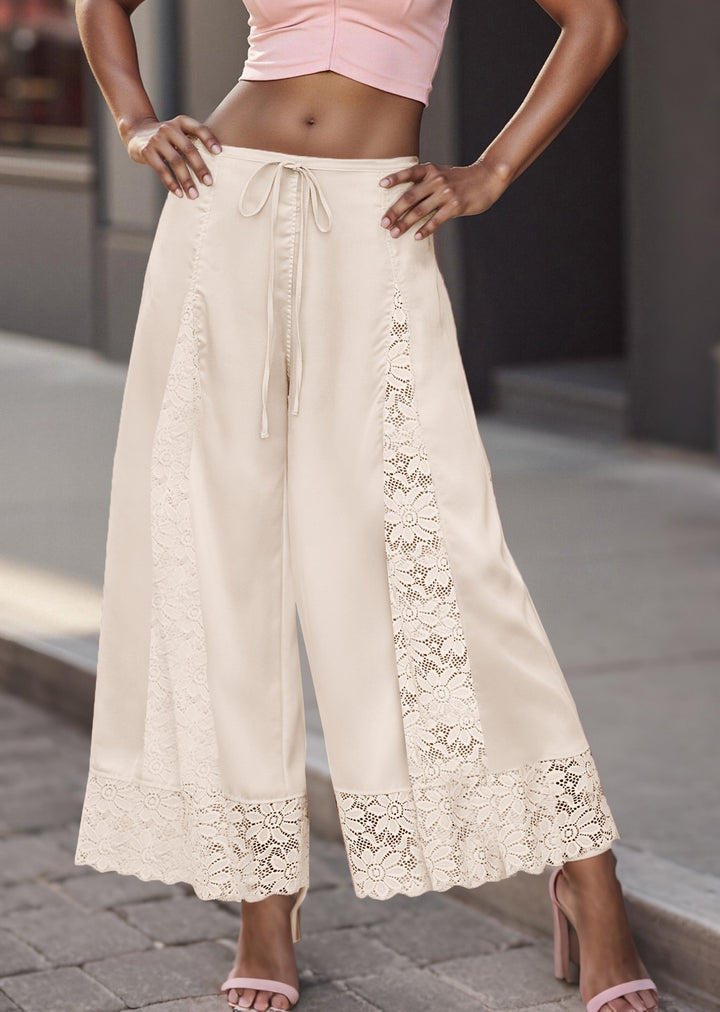 The Elara White lace-panel satin culottes, Long length front view