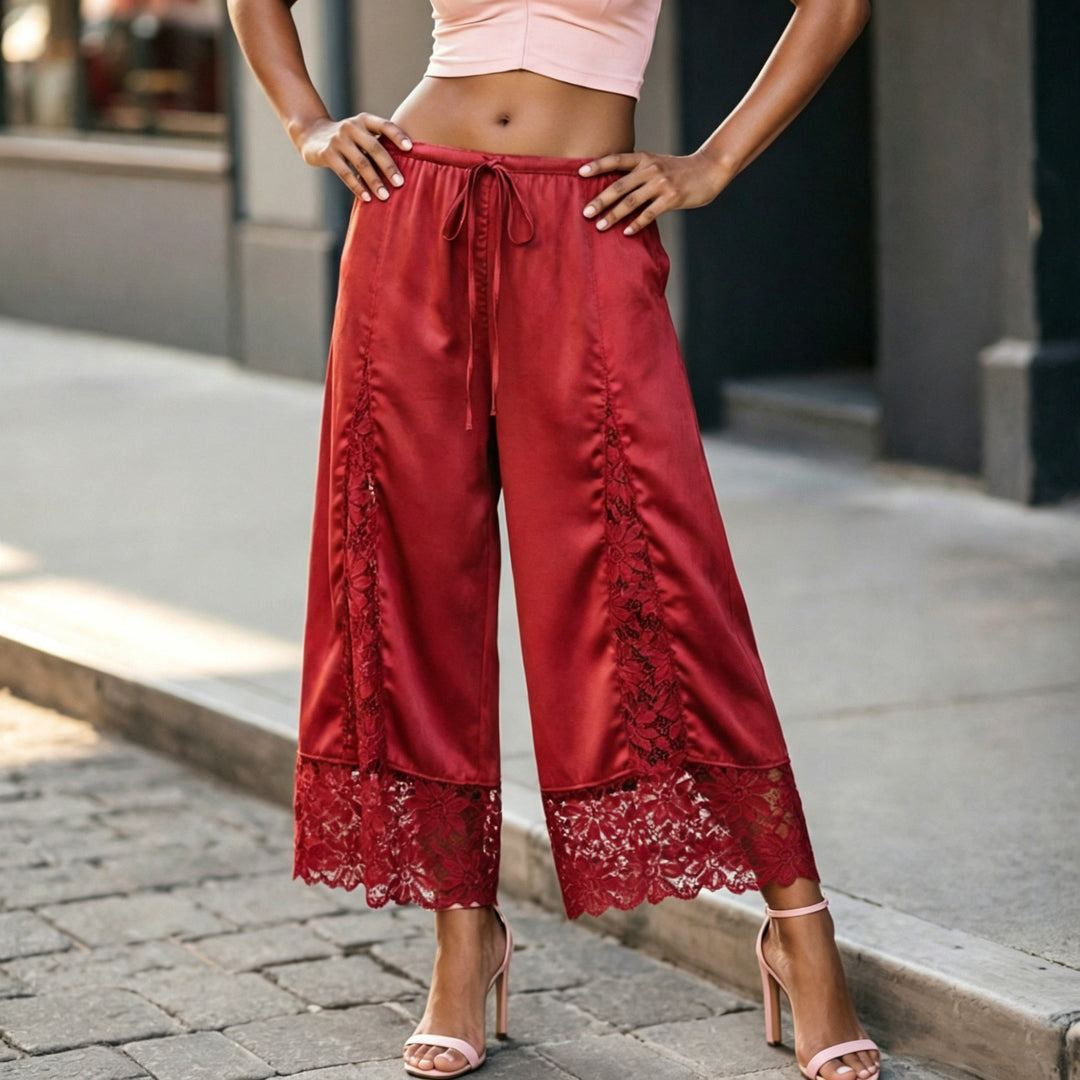 The Elara Red lace-panel satin culottes, Long length front view