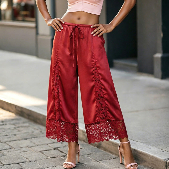 The Elara Red lace-panel satin culottes, Long length front view