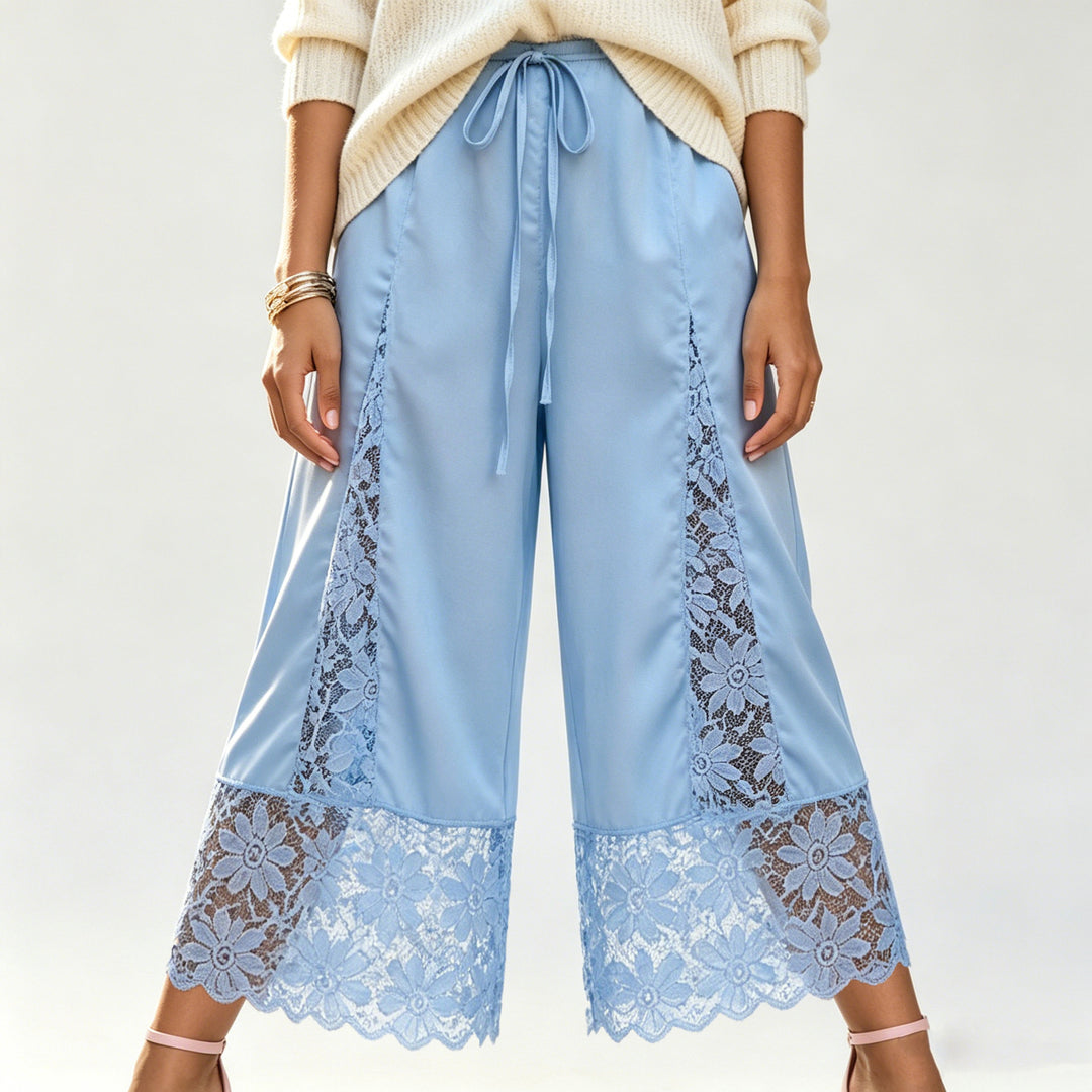 The Elara Blue lace-panel satin culottes, Long length front view