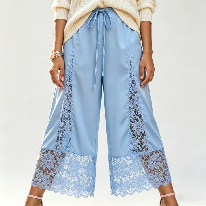 The Elara Blue lace-panel satin culottes, Long length front view