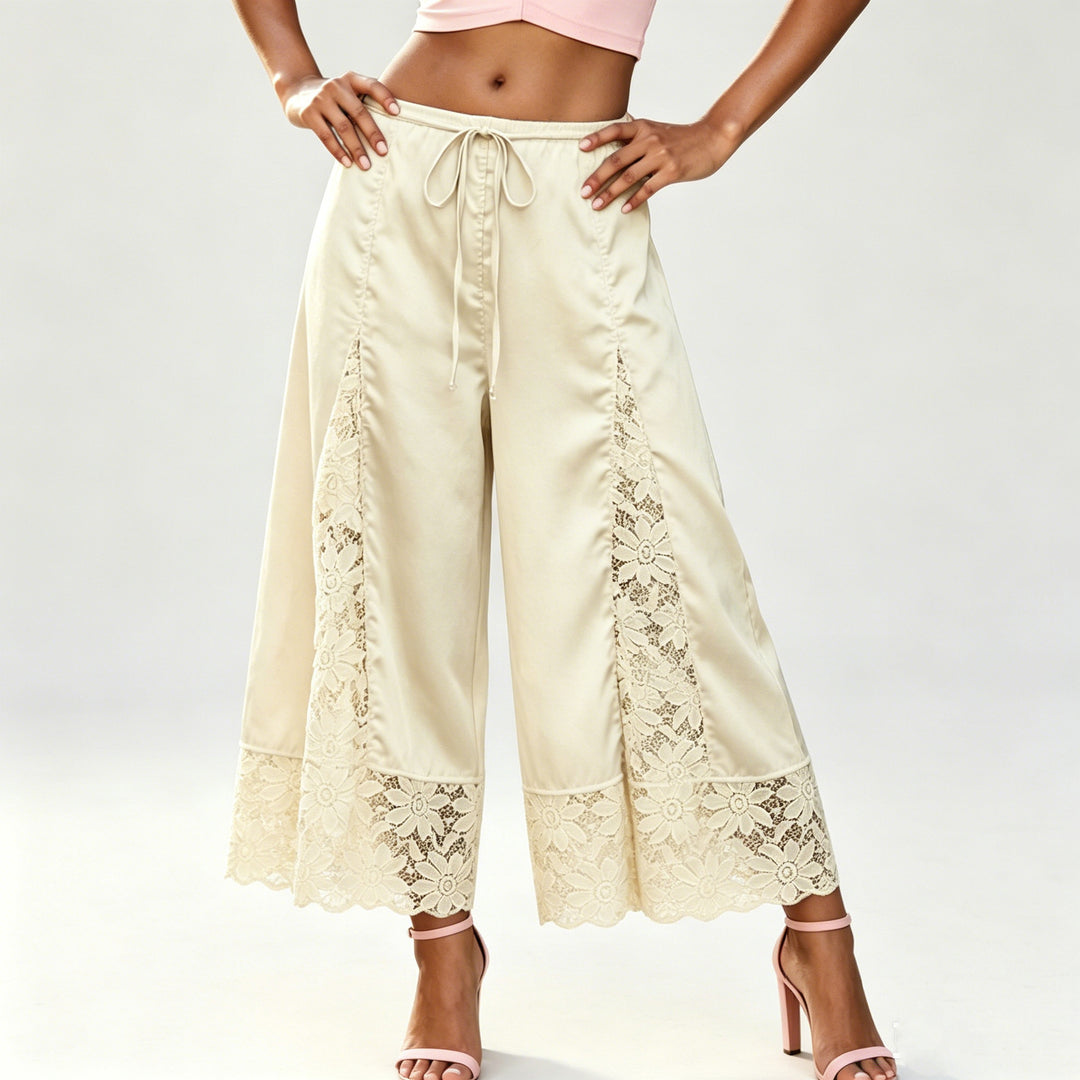 The Elara Yellow lace-panel satin culottes, Long length front view