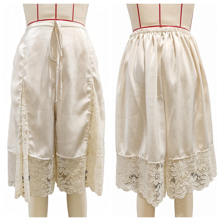 Front and back construction of The Elara White lace-panel satin culottes, Long length