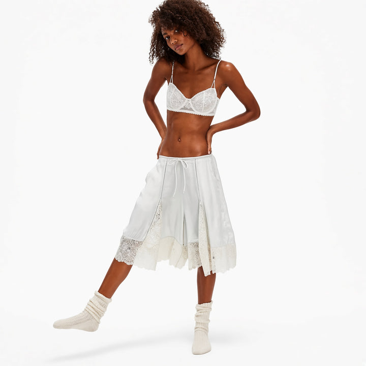 The Elara White lace-panel satin culottes, Short length front view