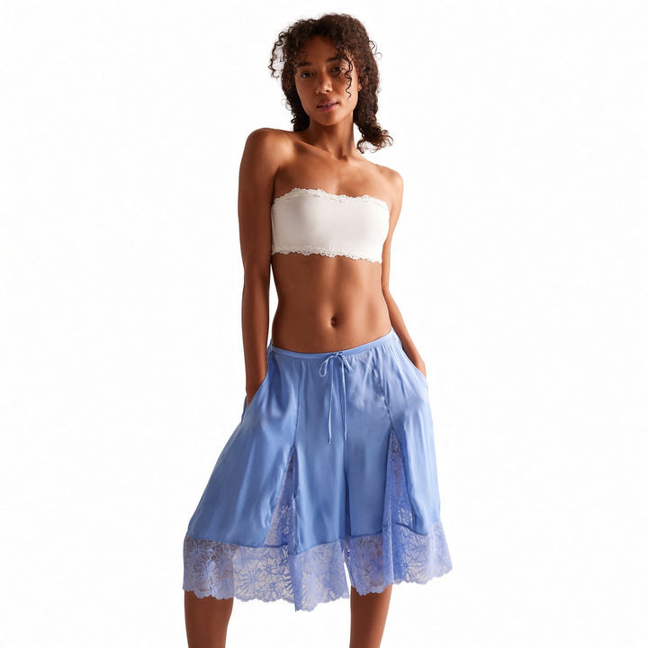 The Elara Blue lace-panel satin culottes, Short length front view