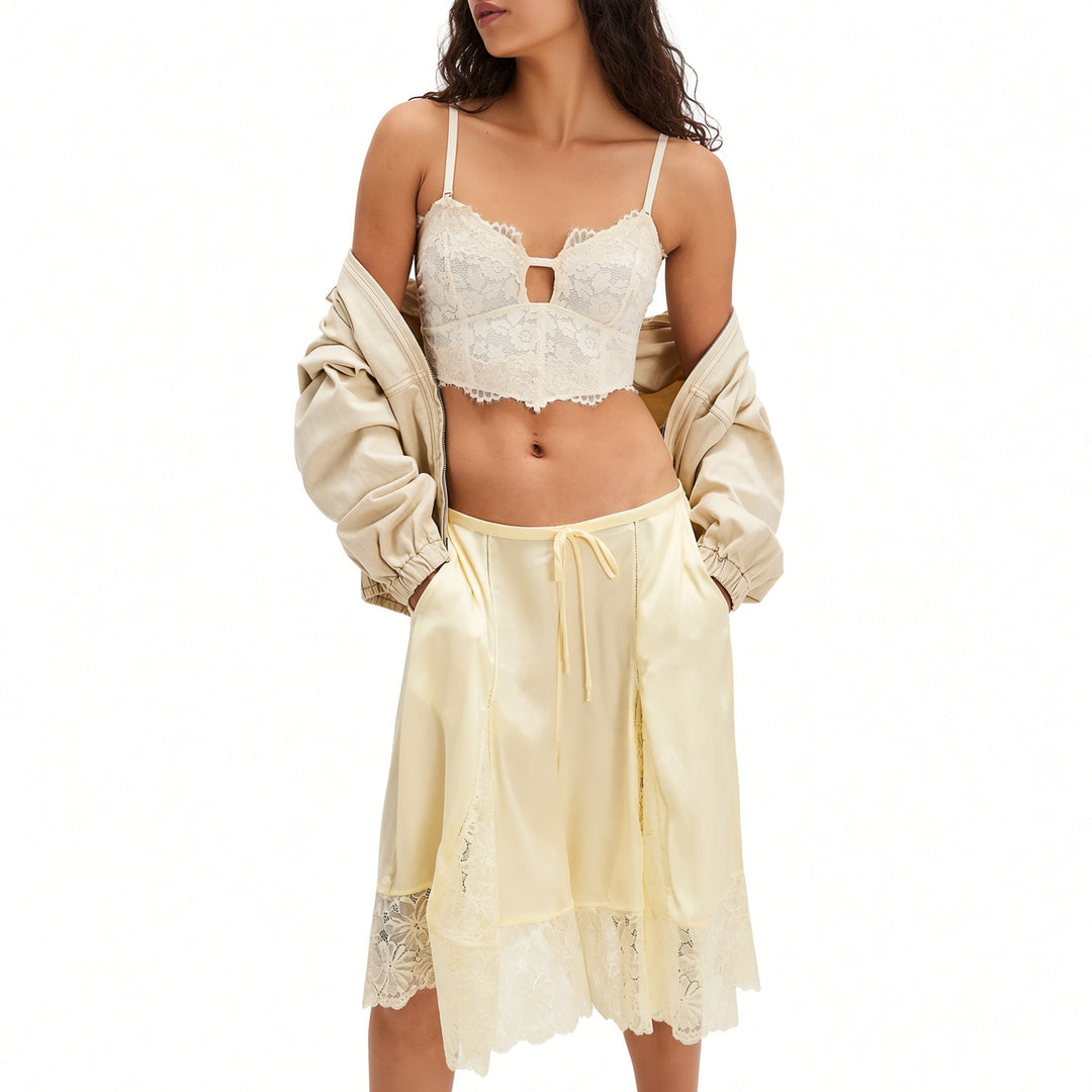 The Elara Yellow lace-panel satin culottes, Short length front view