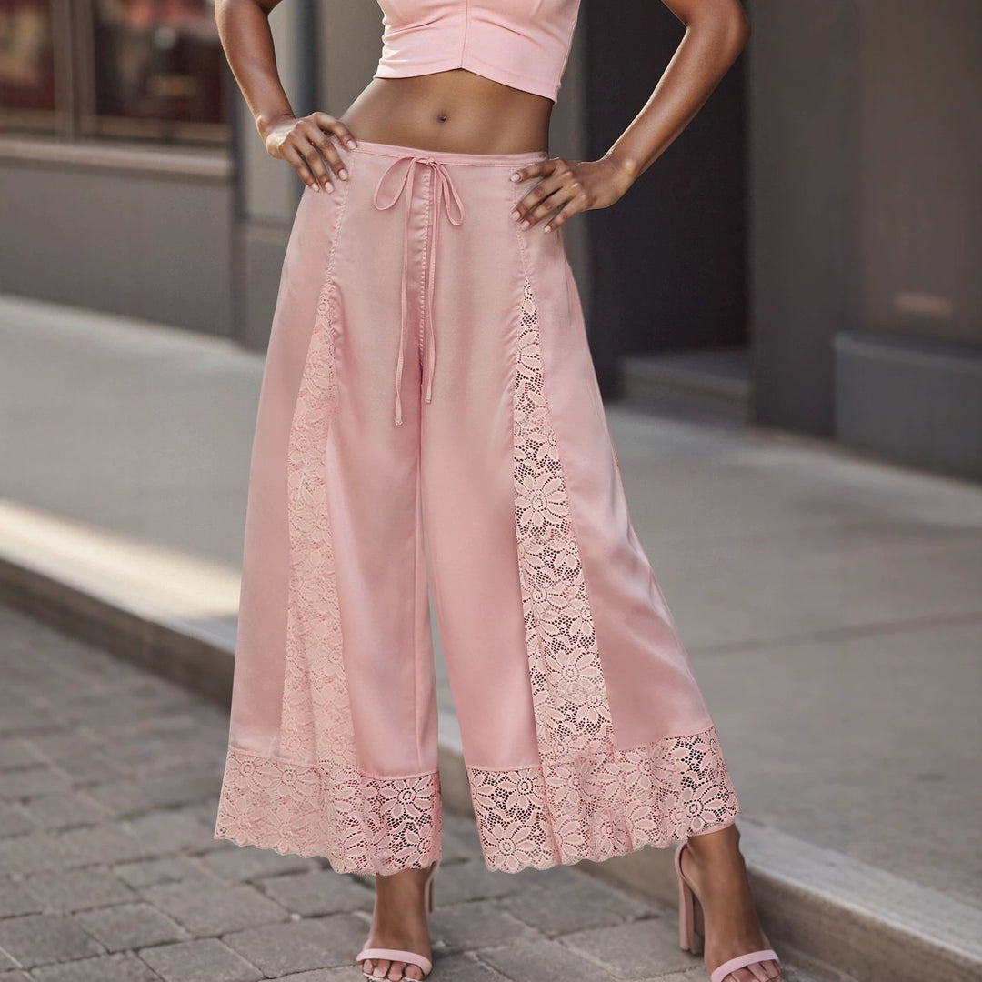 The Elara Pink lace-panel satin culottes, Long length front view