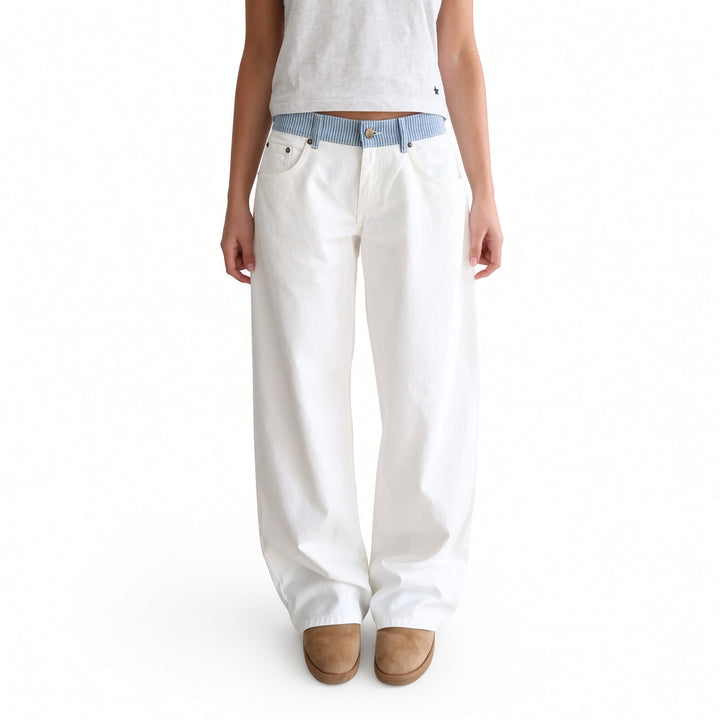 The Elara White striped-waist straight-leg pants, front view