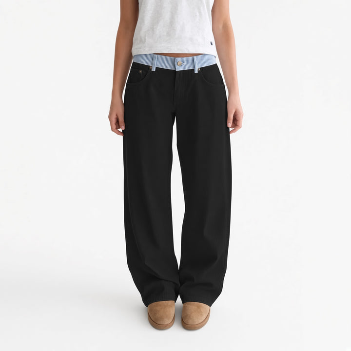 The Elara Black striped-waist straight-leg pants, front view