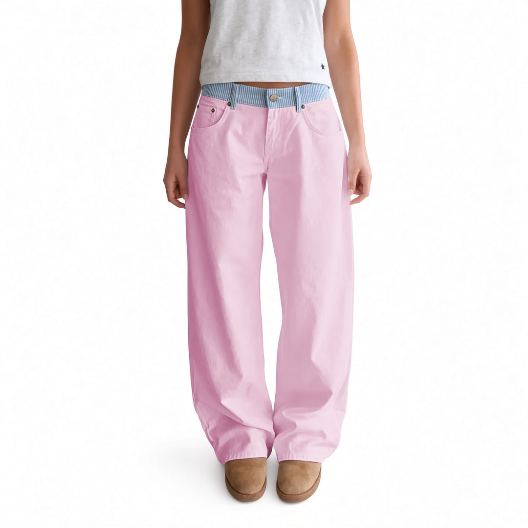 The Elara Pink striped-waist straight-leg pants, front view