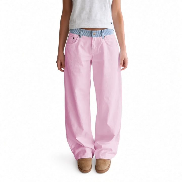 The Elara Pink striped-waist straight-leg pants, front view
