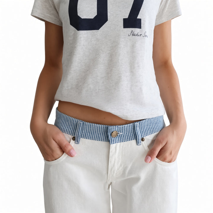 Contrast striped waistband and front pocket detail on The Elara White pants