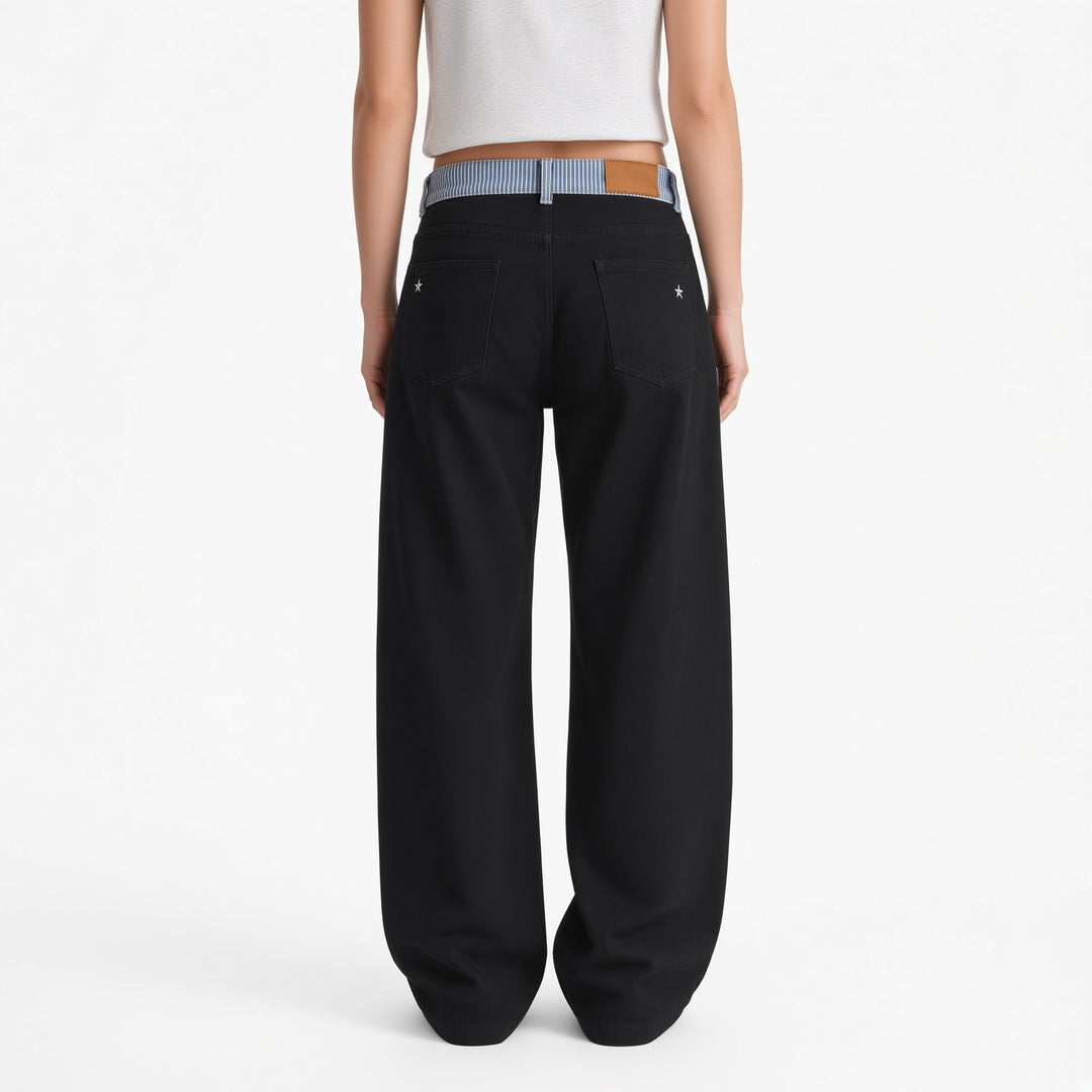 The Elara Black striped-waist straight-leg pants, back view