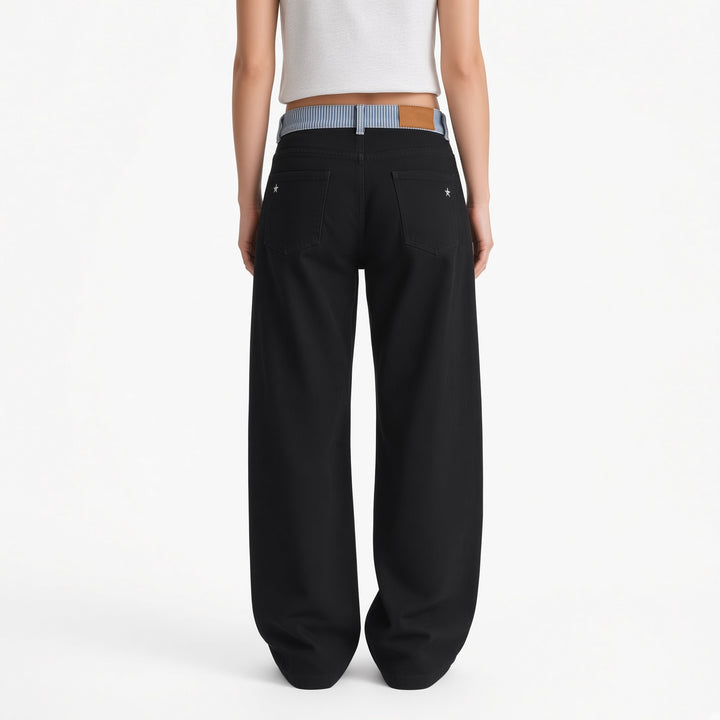 The Elara Black striped-waist straight-leg pants, back view