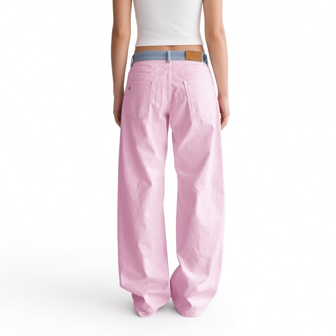 The Elara Pink striped-waist straight-leg pants, back view