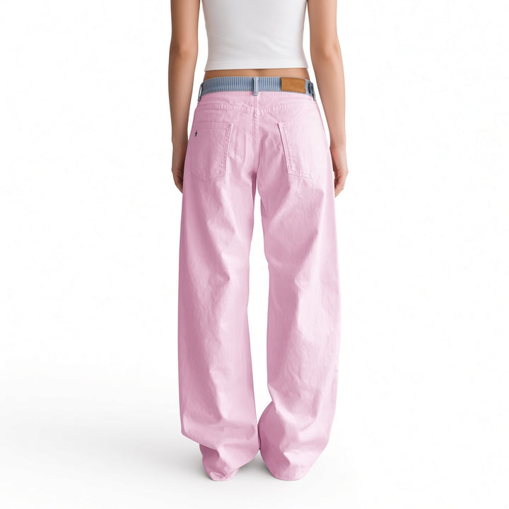 The Elara Pink striped-waist straight-leg pants, back view