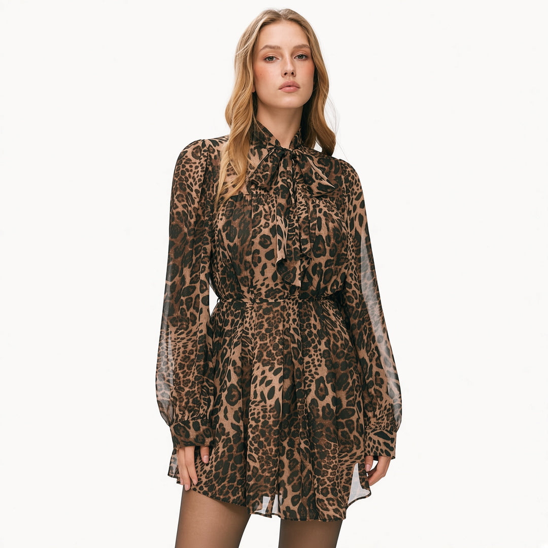 The Elara sheer leopard chiffon mini dress, front view