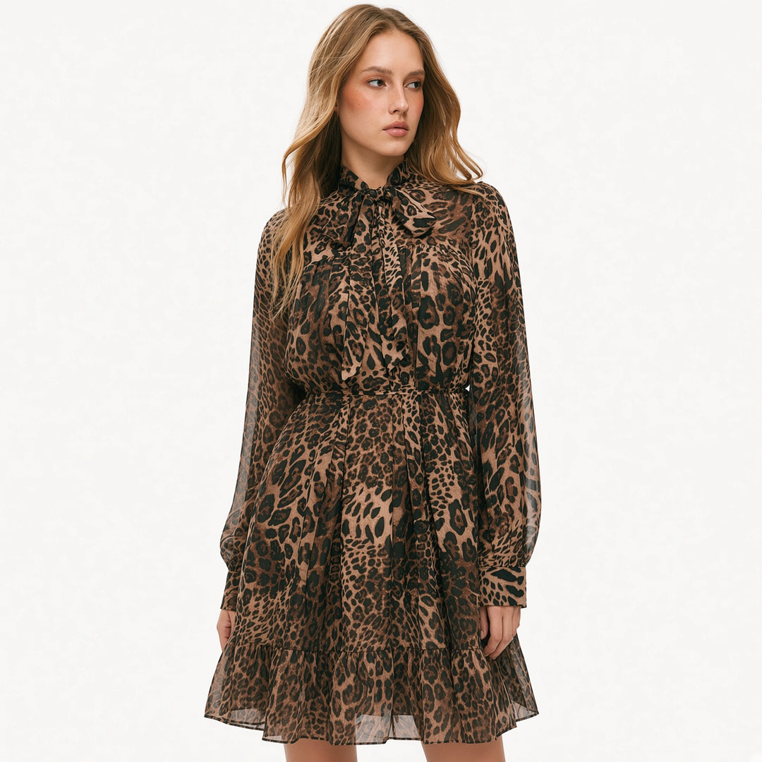 The Elara leopard chiffon mini dress, full front view