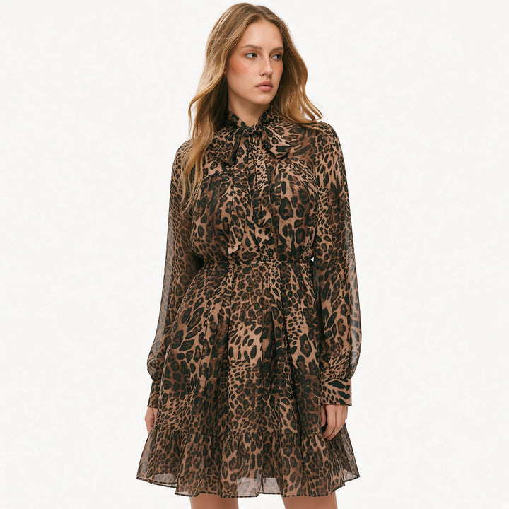 The Elara leopard chiffon mini dress, full front view