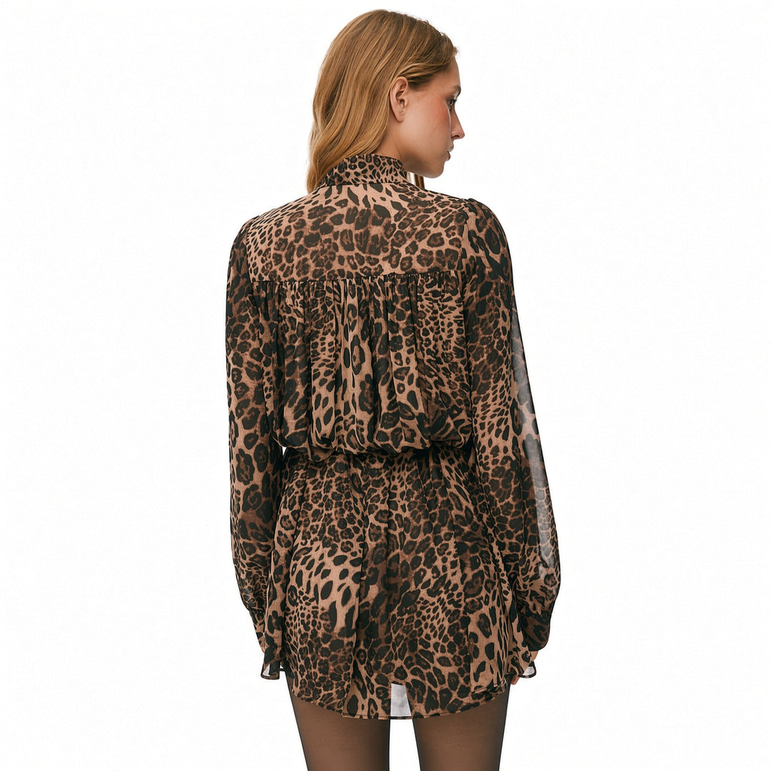 Back view of The Elara sheer leopard chiffon mini dress