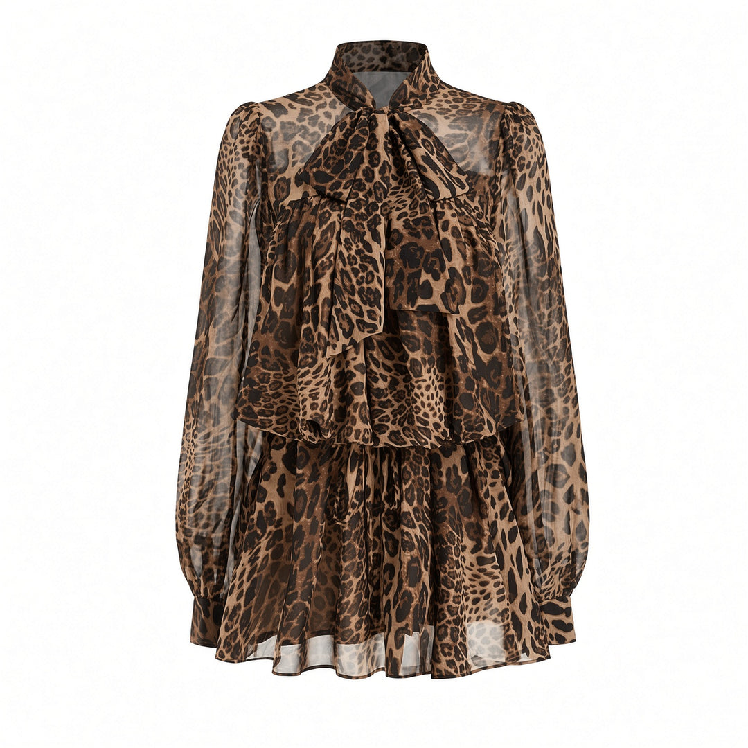 Isolated front construction of The Elara leopard chiffon mini dress