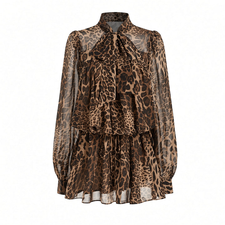 Isolated front construction of The Elara leopard chiffon mini dress