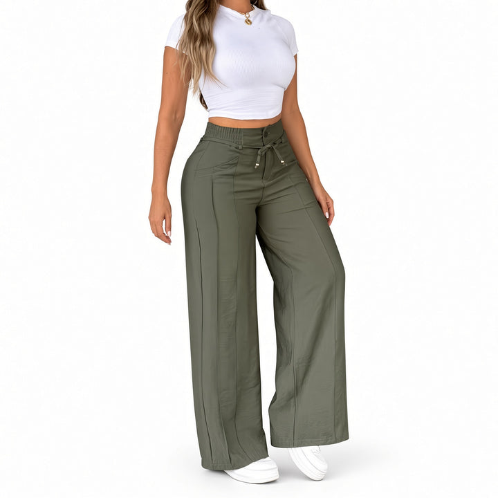 The Elara Green drawstring wide-leg pants, front view