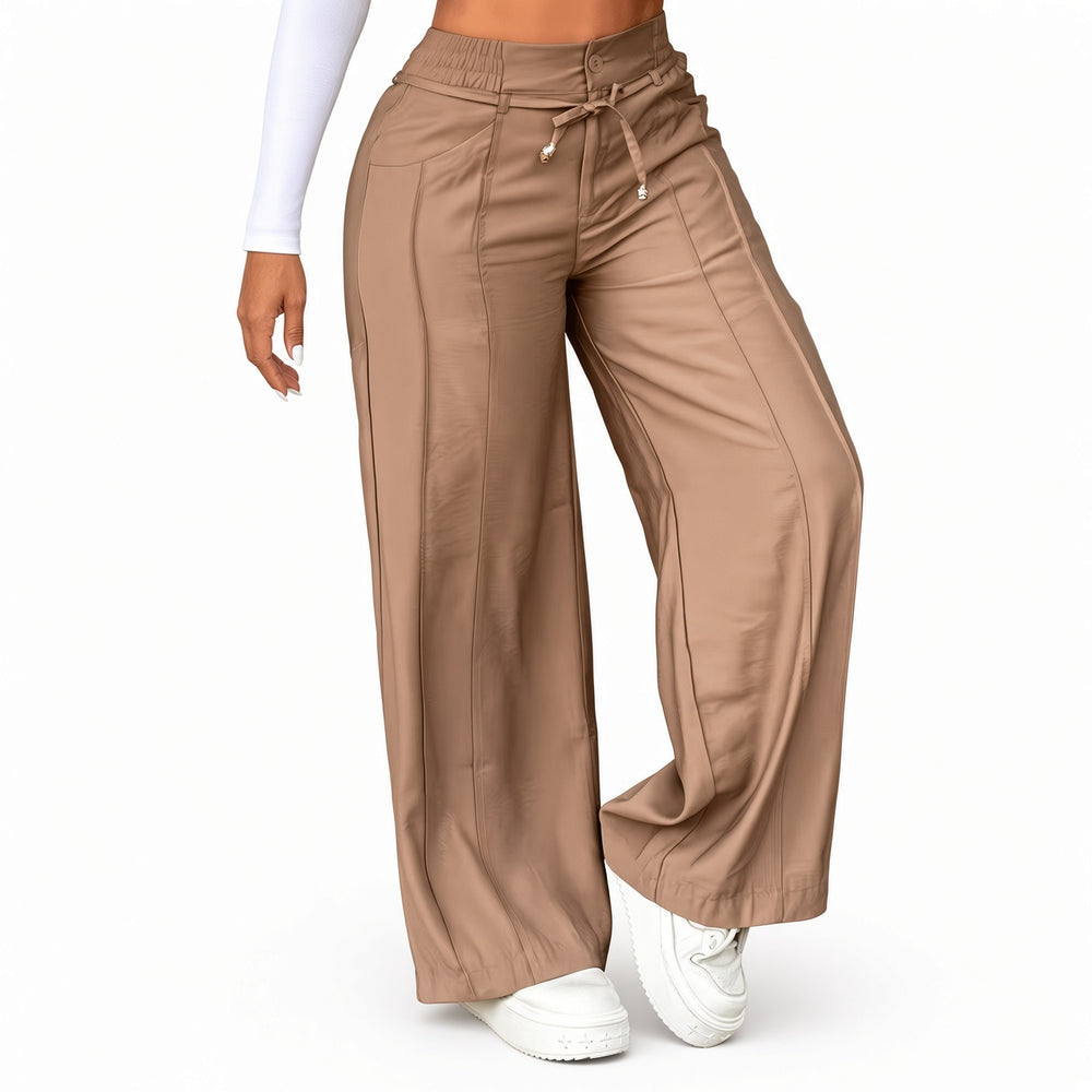 The Elara Khaki drawstring wide-leg pants, front view