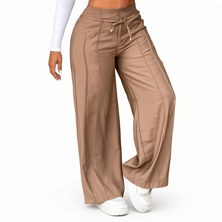 The Elara Khaki drawstring wide-leg pants, front view