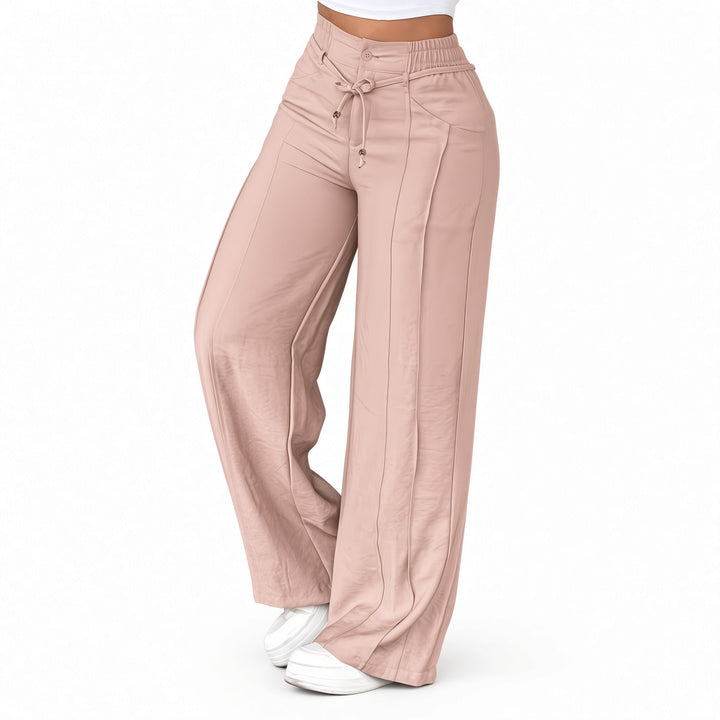 The Elara Pink drawstring wide-leg pants, front view