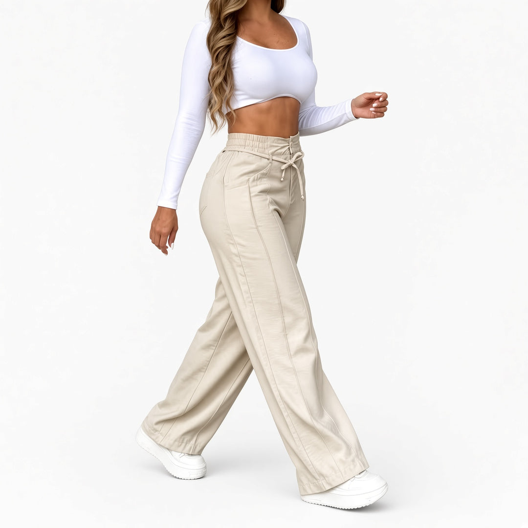 The Elara Apricot drawstring wide-leg pants, front view