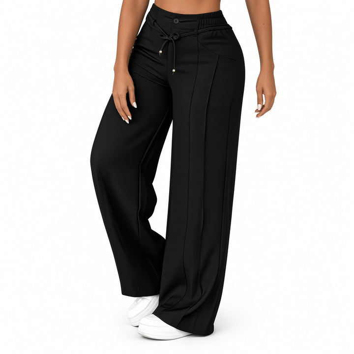 The Elara Black drawstring wide-leg pants, front view