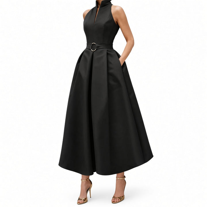 Black zip-neck fit-and-flare midi dress, front view