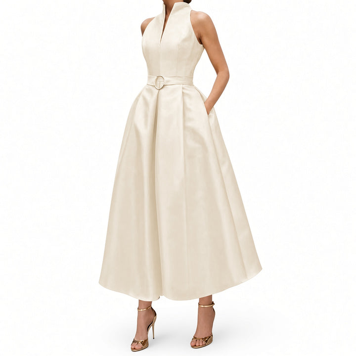 Apricot zip-neck fit-and-flare midi dress, front view