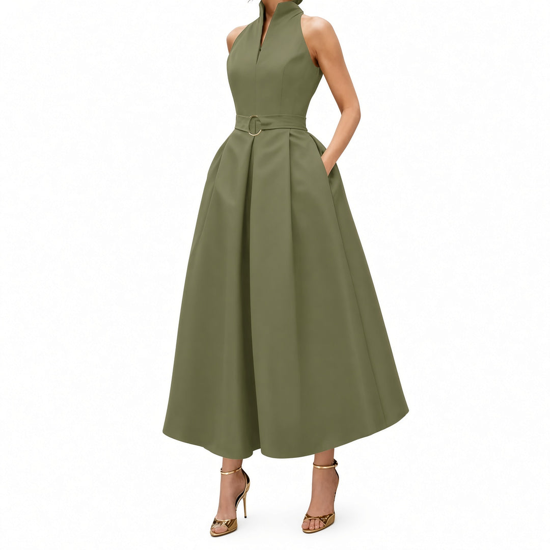 Army Green zip-neck fit-and-flare midi dress, front view