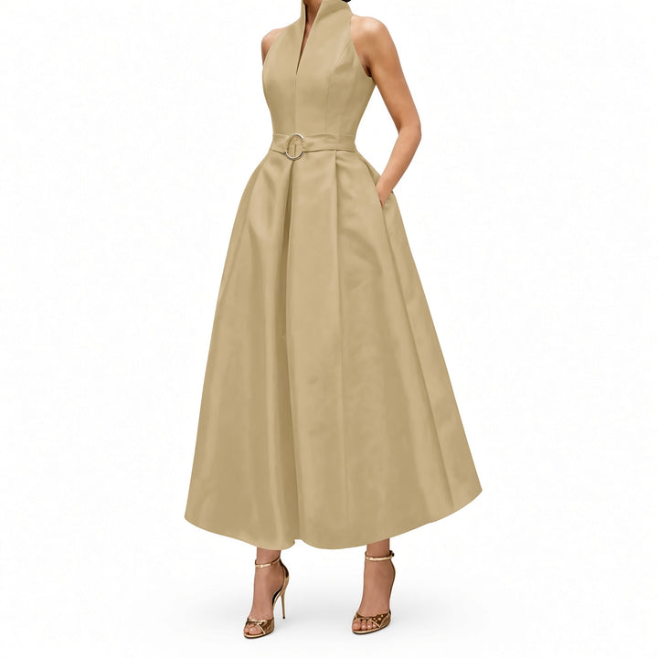 Khaki zip-neck fit-and-flare midi dress, front view