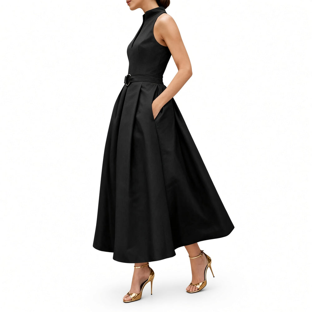 Side view of the Black zip-neck midi dress