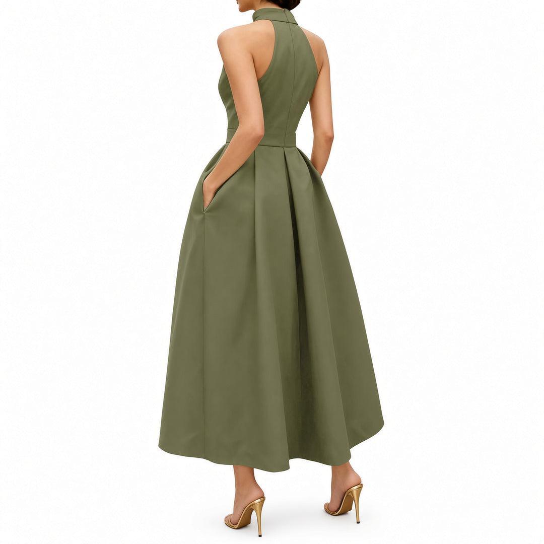 Back view of the Army Green fit-and-flare midi dress