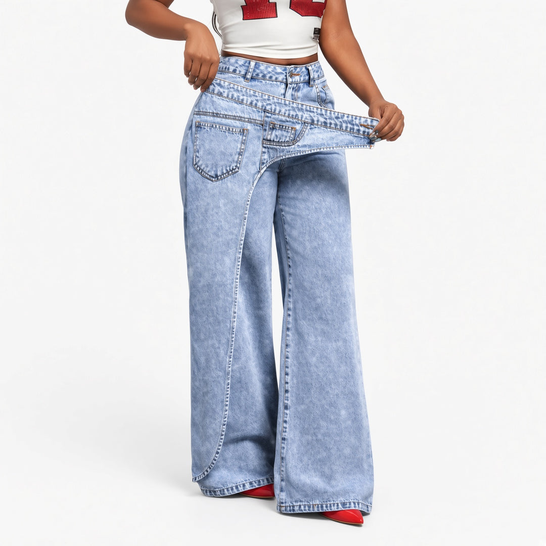 Layered-waist wide-leg jeans, front view