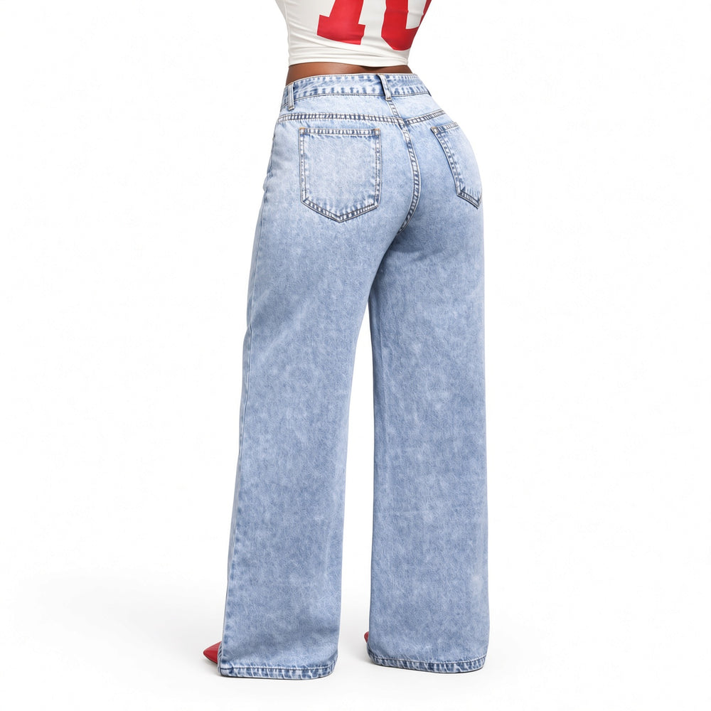 Back view of the layered-waist wide-leg jeans