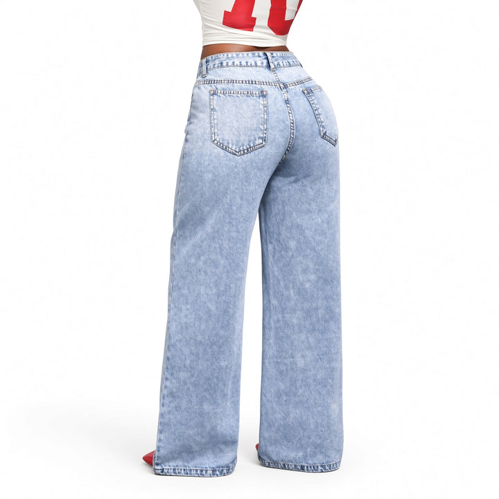 Back view of the layered-waist wide-leg jeans