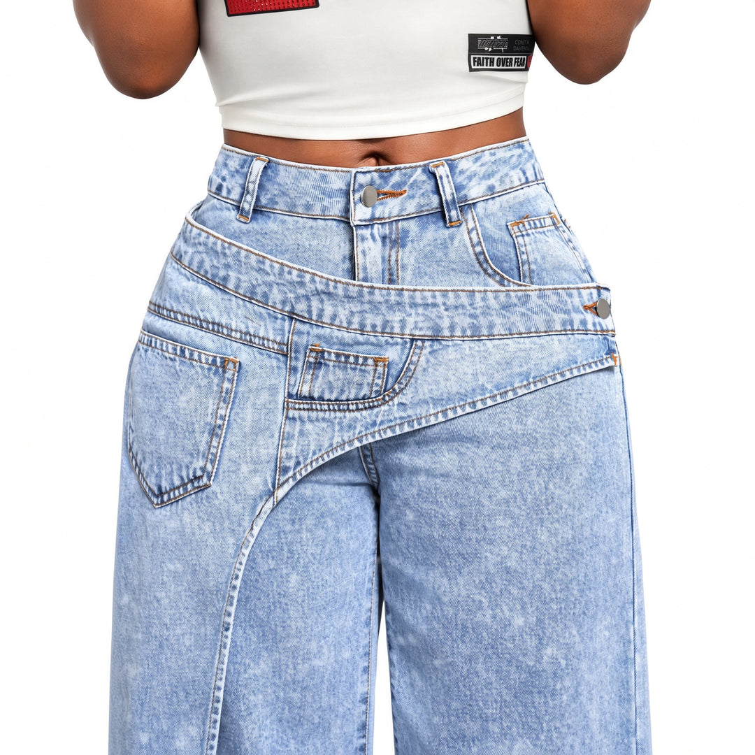Close view of the asymmetric waistband